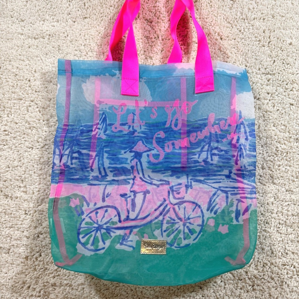 Lilly Pulitzer Mesh Beach Tote Bag Blue Pink Let's Go Somewhere Bicycle Preppy - Picture 2 of 8